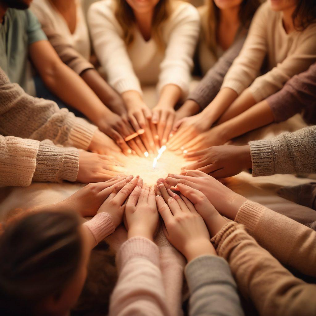 A warm, inviting scene of diverse hands joined together in a circle, surrounded by soft, glowing light. In the background, a cozy family gathering with laughter and shared moments, showcasing affectionate gestures like hugs and smiles. Soft pastels and earthy tones create a serene atmosphere that embodies connection and love. A gentle heart symbol subtly integrated into the design. soft focus. vibrant colors. 3D.