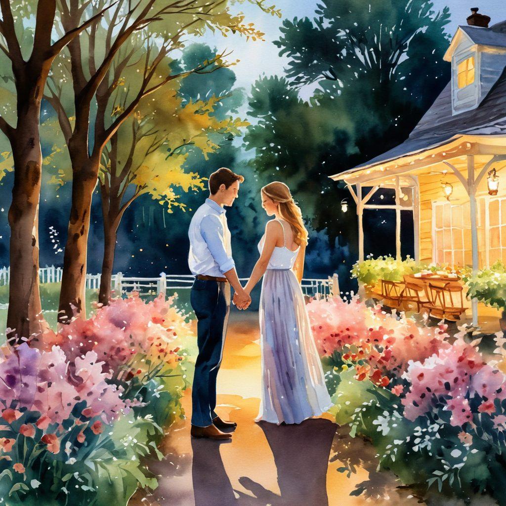 A romantic scene featuring a couple outdoors, holding hands amidst blooming flowers, surrounded by soft glowing lights and candlelit tables. The atmosphere should be warm and inviting, with hints of golden hour sunlight filtering through the trees. Capture the essence of love and connection, with serene expressions and subtle gestures of affection. watercolor painting. warm hues. soft focus.