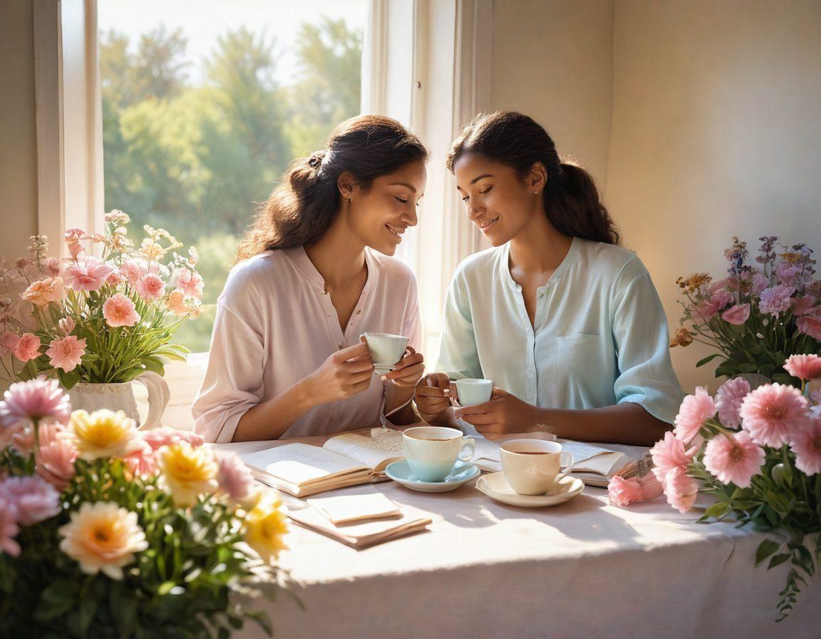 A warm, inviting scene depicting two people sharing a heartfelt moment, surrounded by blooming flowers and soft, glowing sunlight. Elements of care and affection, like a shared cup of tea and handwritten notes, are present. The background features soft pastel colors evoking calmness and love. super-realistic. vibrant colors. soft focus.